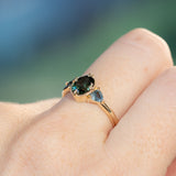 1.29ct Oval Deep Teal Green Australian Sapphire and Trillion Sapphire Antique Low Profile Ring in 14k Yellow Gold