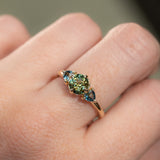 1.24ct Round Parti Green Australian Sapphire and Trillion Sapphire Low Profile Ring in 14k Yellow Gold