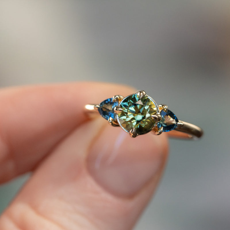 1.24ct Round Parti Green Australian Sapphire and Trillion Sapphire Low Profile Ring in 14k Yellow Gold