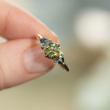 1.24ct Round Parti Green Australian Sapphire and Trillion Sapphire Low Profile Ring in 14k Yellow Gold