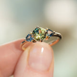 1.24ct Round Parti Green Australian Sapphire and Trillion Sapphire Low Profile Ring in 14k Yellow Gold