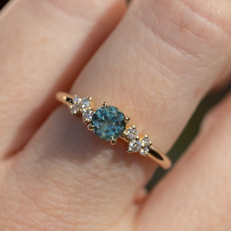 0.57ct Round Untreated Australian Light Teal Sapphire and Diamond Starry Night Low Profile Solitaire in 14k Yellow Gold