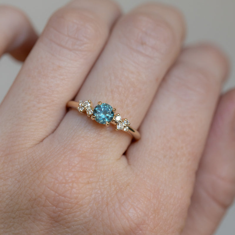 0.57ct Round Untreated Australian Light Teal Sapphire and Diamond Starry Night Low Profile Solitaire in 14k Yellow Gold