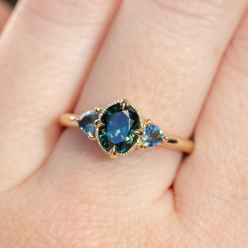 1.29ct Oval Deep Teal Green Australian Sapphire and Trillion Sapphire Antique Low Profile Ring in 14k Yellow Gold