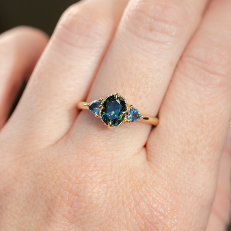 1.29ct Oval Deep Teal Green Australian Sapphire and Trillion Sapphire Antique Low Profile Ring in 14k Yellow Gold