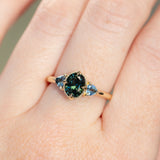 1.29ct Oval Deep Teal Green Australian Sapphire and Trillion Sapphire Antique Low Profile Ring in 14k Yellow Gold