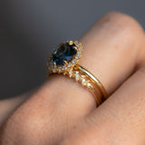 2.56ct Untreated Madagascar Oval Teal Sapphire Antique-Style Diamond Halo Ring in 18k Yellow Gold