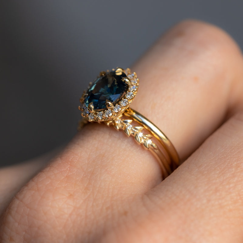 2.56ct Untreated Madagascar Oval Teal Sapphire Antique-Style Diamond Halo Ring in 18k Yellow Gold