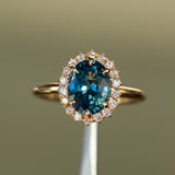 2.56ct Untreated Madagascar Oval Teal Sapphire Antique-Style Diamond Halo Ring in 18k Yellow Gold