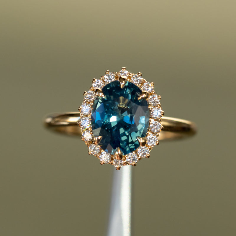 2.56ct Untreated Madagascar Oval Teal Sapphire Antique-Style Diamond Halo Ring in 18k Yellow Gold