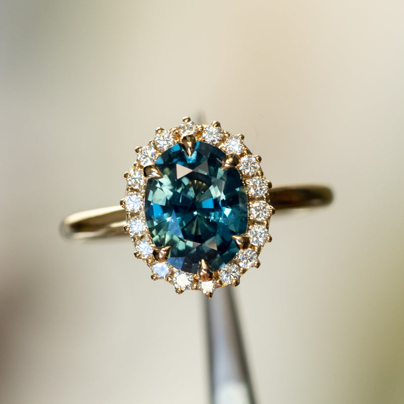 2.56ct Untreated Madagascar Oval Teal Sapphire Antique-Style Diamond Halo Ring in 18k Yellow Gold