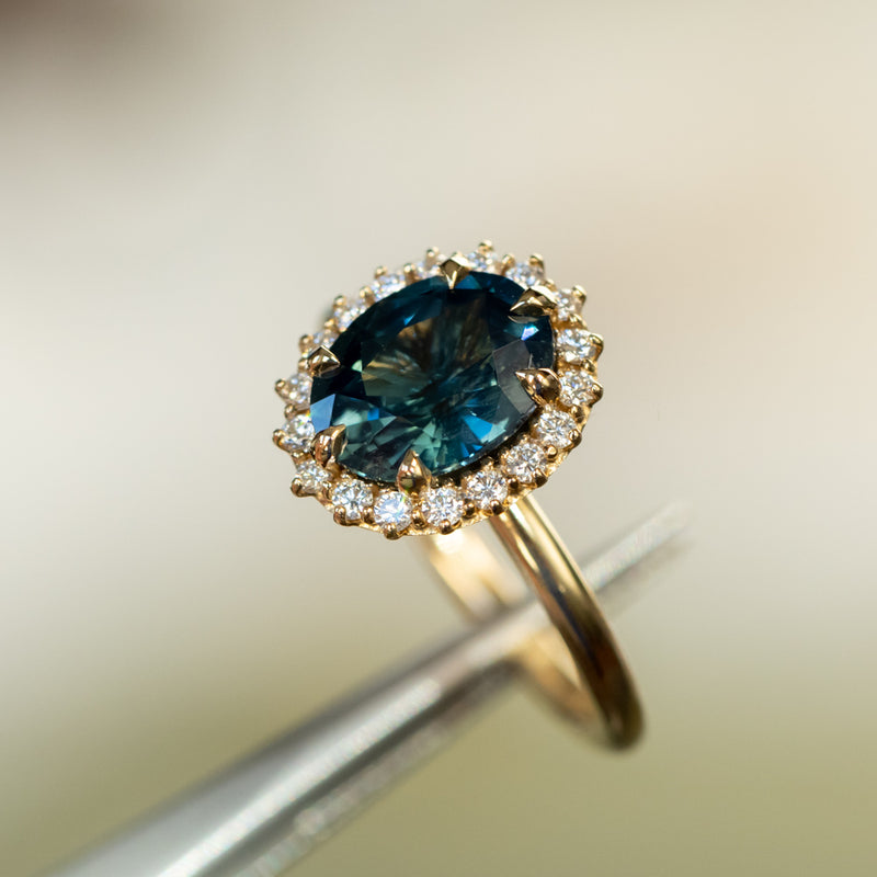 2.56ct Untreated Madagascar Oval Teal Sapphire Antique-Style Diamond Halo Ring in 18k Yellow Gold