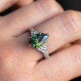 3.93ct Green Australian Pear Sapphire Diamond-Studded Tapered Solitaire in 14k Blackened Gold