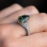 3.93ct Green Australian Pear Sapphire Diamond-Studded Tapered Solitaire in 14k Blackened Gold