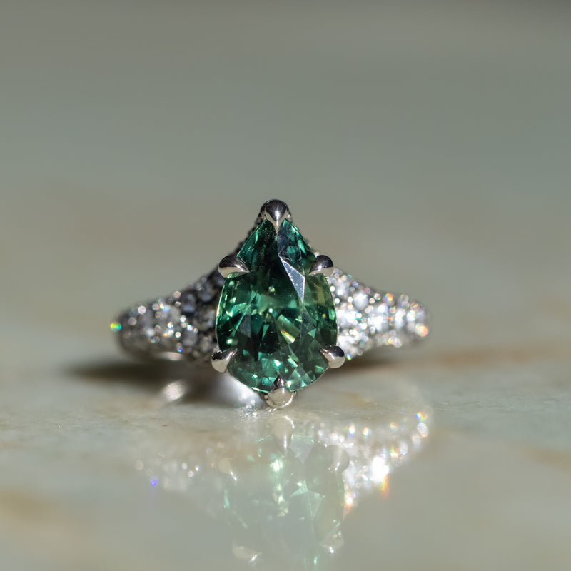 3.93ct Green Australian Pear Sapphire Diamond-Studded Tapered Solitaire in 14k Blackened Gold