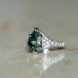 3.93ct Green Australian Pear Sapphire Diamond-Studded Tapered Solitaire in 14k Blackened Gold