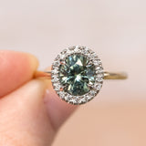 2.04ct Oval Precision Cut Aqua Teal Montana Sapphire Two Tone Halo Stackable Ring in 14k Yellow and Platinum