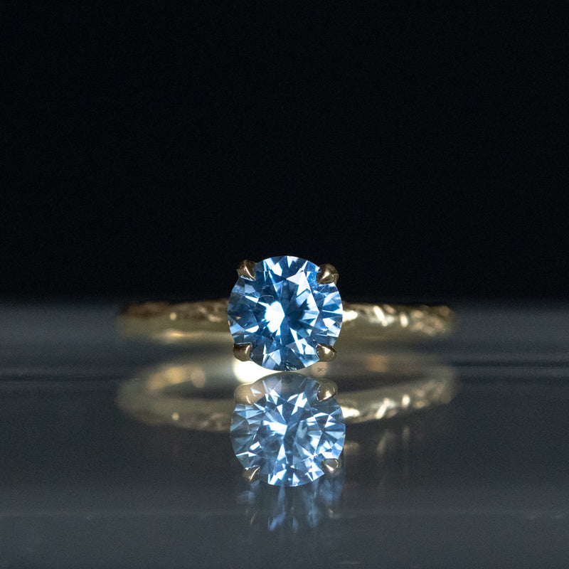 1.40ct Round Blue Precision Cut Montana Sapphire Evergreen Carved 4 Prong Solitaire in 18k Yellow Gold