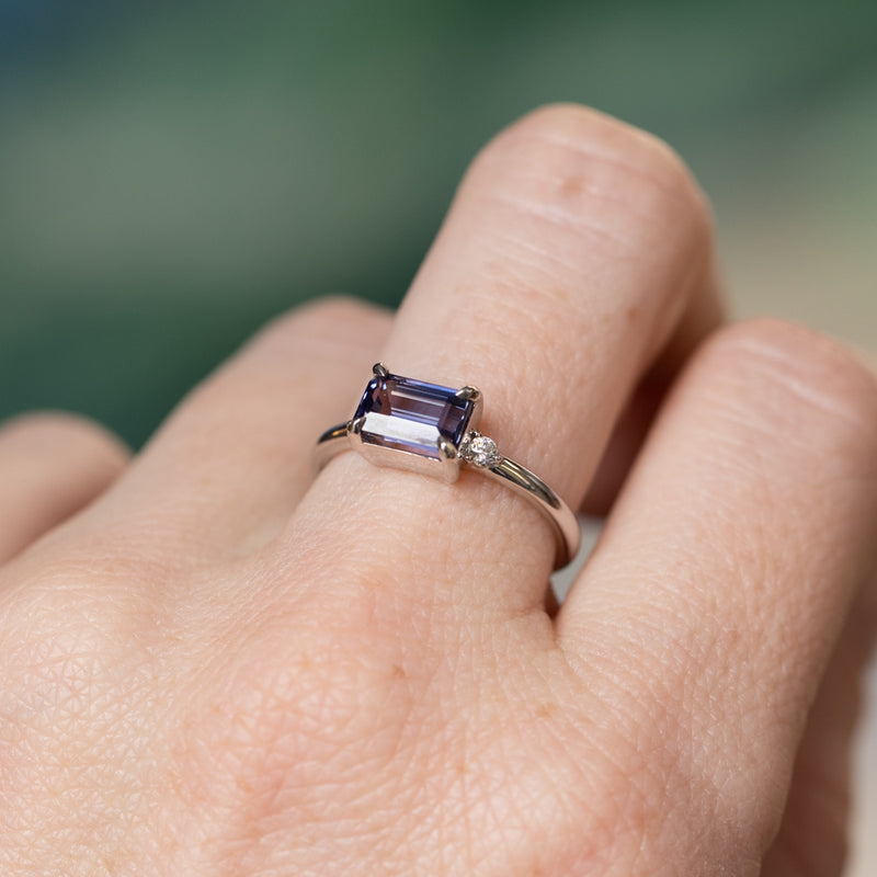 1.58ct Untreated Purple Tanzanian Emerald Cut Sapphire East-West Parti Sapphire and Diamond Low Profile Ring in 14k White Gold