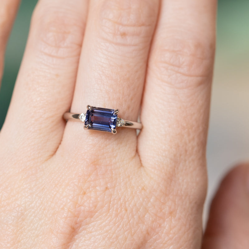 1.58ct Untreated Purple Tanzanian Emerald Cut Sapphire East-West Parti Sapphire and Diamond Low Profile Ring in 14k White Gold