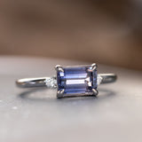 1.58ct Untreated Purple Tanzanian Emerald Cut Sapphire East-West Parti Sapphire and Diamond Low Profile Ring in 14k White Gold