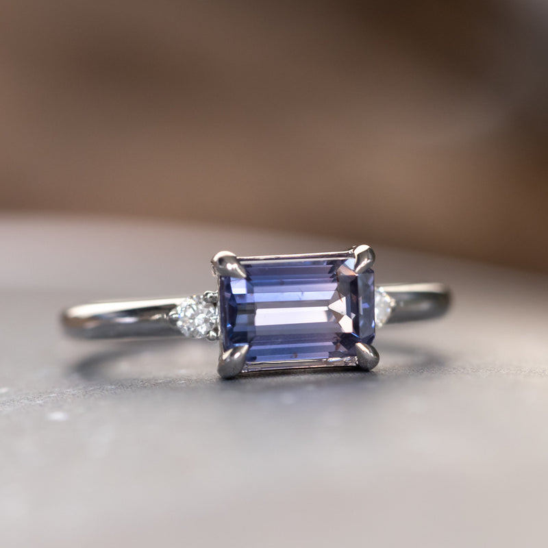 1.58ct Untreated Purple Tanzanian Emerald Cut Sapphire East-West Parti Sapphire and Diamond Low Profile Ring in 14k White Gold