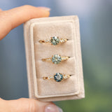 1.56ct Light Blue Green Montana Sapphire Four Prong Low Profile Milgrain and Diamond Ring in 14k Yellow Gold