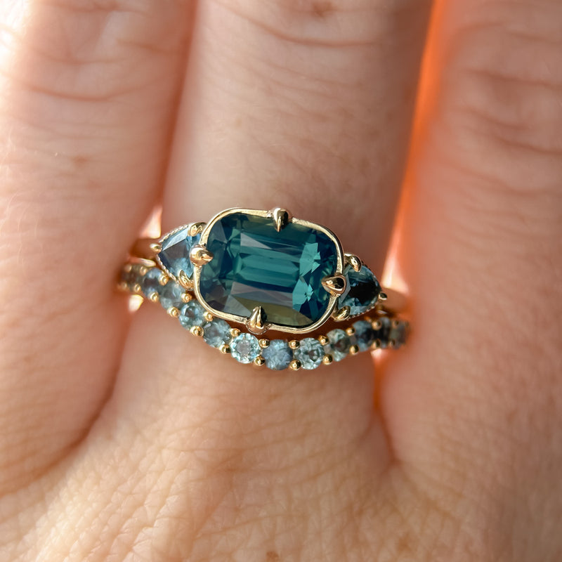 2.53ct Untreated Glowy Teal Cushion Cut Sapphire and Trillion Sapphire Antique Compass East-West Set Low Profile Ring in 14k Yellow Gold