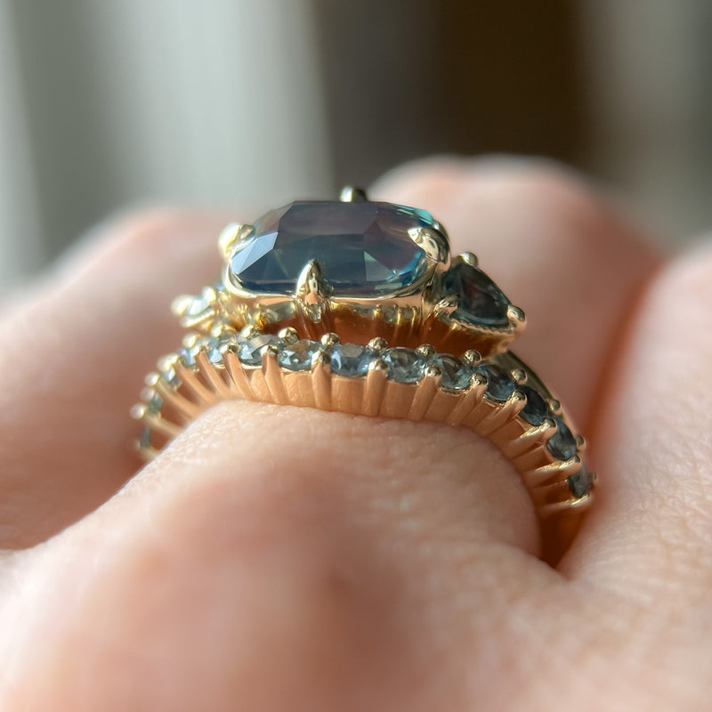2.53ct Untreated Glowy Teal Cushion Cut Sapphire and Trillion Sapphire Antique Compass East-West Set Low Profile Ring in 14k Yellow Gold