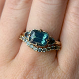 2.53ct Untreated Glowy Teal Cushion Cut Sapphire and Trillion Sapphire Antique Compass East-West Set Low Profile Ring in 14k Yellow Gold