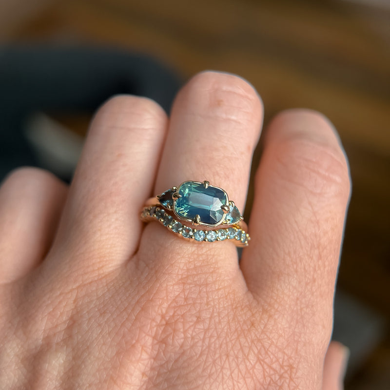 2.53ct Untreated Glowy Teal Cushion Cut Sapphire and Trillion Sapphire Antique Compass East-West Set Low Profile Ring in 14k Yellow Gold