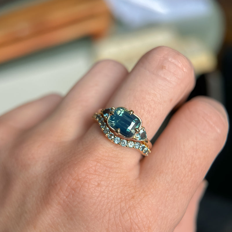 2.53ct Untreated Glowy Teal Cushion Cut Sapphire and Trillion Sapphire Antique Compass East-West Set Low Profile Ring in 14k Yellow Gold