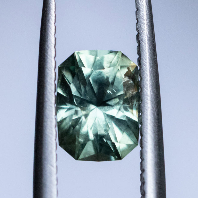 1.42CT RADIANT PRECISION CUT MONTANA SAPPHIRE, LIGHT GREEN WITH TEAL, 7.2X5.5MM, EARLY ACCESS