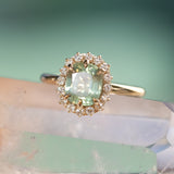 1.99ct "Old Mine Cushion" cut Silky Light Green Montana Sapphire Antique-Style Diamond Halo Ring in 14k Yellow Gold