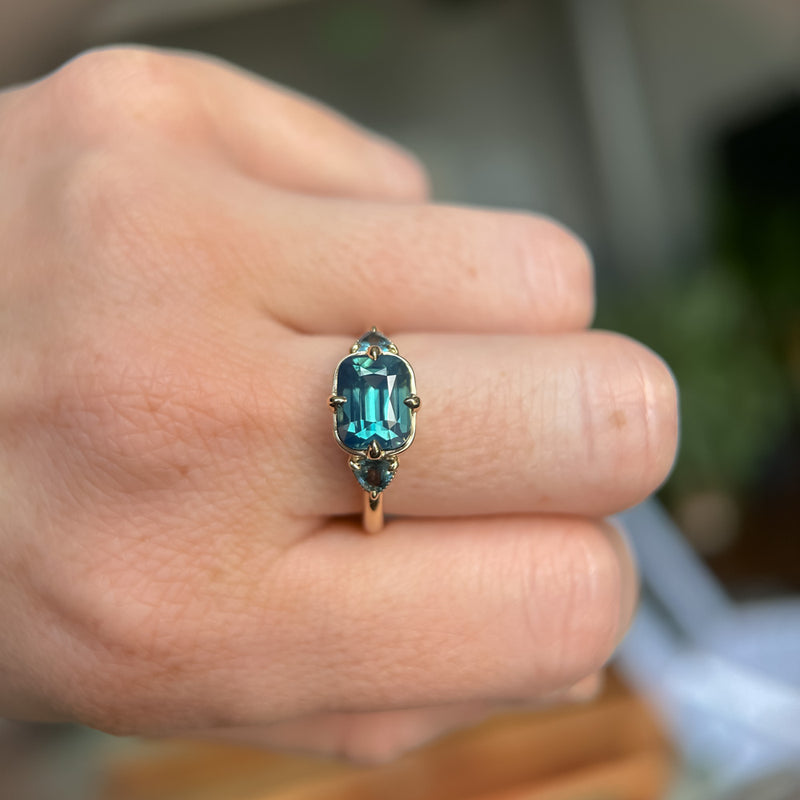 2.53ct Untreated Glowy Teal Cushion Cut Sapphire and Trillion Sapphire Antique Compass East-West Set Low Profile Ring in 14k Yellow Gold
