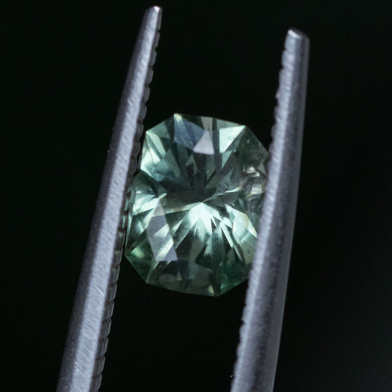 1.42CT RADIANT PRECISION CUT MONTANA SAPPHIRE, LIGHT GREEN WITH TEAL, 7.2X5.5MM, EARLY ACCESS