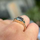 2.53ct Untreated Glowy Teal Cushion Cut Sapphire and Trillion Sapphire Antique Compass East-West Set Low Profile Ring in 14k Yellow Gold