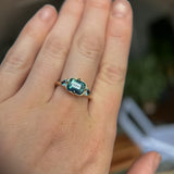 2.53ct Untreated Glowy Teal Cushion Cut Sapphire and Trillion Sapphire Antique Compass East-West Set Low Profile Ring in 14k Yellow Gold