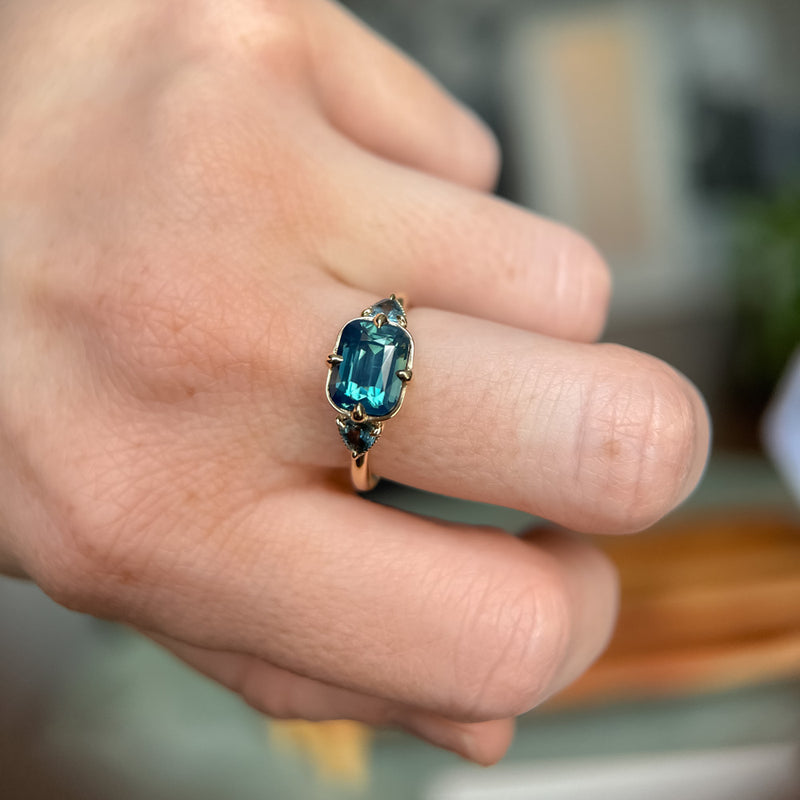 2.53ct Untreated Glowy Teal Cushion Cut Sapphire and Trillion Sapphire Antique Compass East-West Set Low Profile Ring in 14k Yellow Gold
