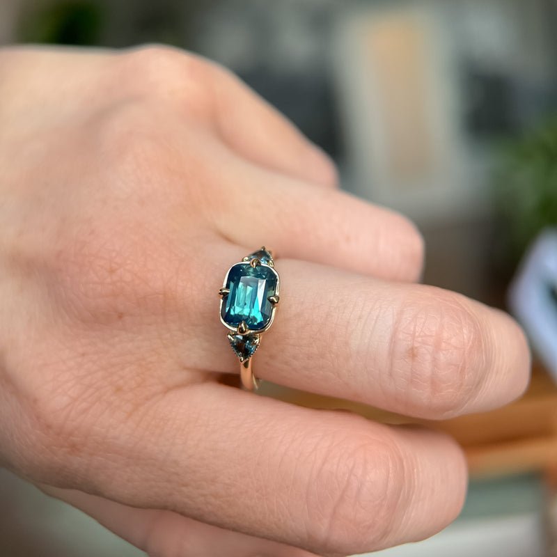 2.53ct Untreated Glowy Teal Cushion Cut Sapphire and Trillion Sapphire Antique Compass East-West Set Low Profile Ring in 14k Yellow Gold