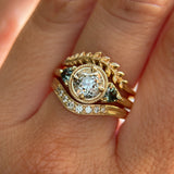 1.05ct GIA Antique Old European Cut Diamond and Trillion Madagascar Sapphire Antique Style Compass Set Low Profile Ring with Milgrain in 18k Yellow Gold