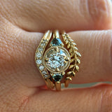 1.05ct GIA Antique Old European Cut Diamond and Trillion Madagascar Sapphire Antique Style Compass Set Low Profile Ring with Milgrain in 18k Yellow Gold