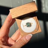 1.70ct Untreated Radiant Cut Vibrant Teal Green Sapphire Antique-Style Diamond Halo Ring in 14 Yellow Gold