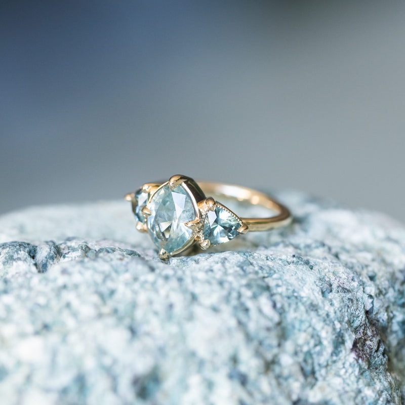 1.74ct Untreated Marquise Montana Sapphire and Trillion Sapphire Three Stone Antique Style Compass Setting with Milgrain Low Profile in 14k Yellow Gold