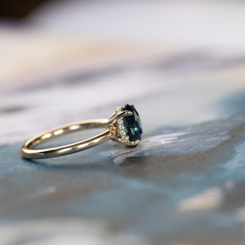 2.32ct Teal Oval Madagascar Sapphire Low Profile Hidden Halo Solitaire in 14k Yellow Gold