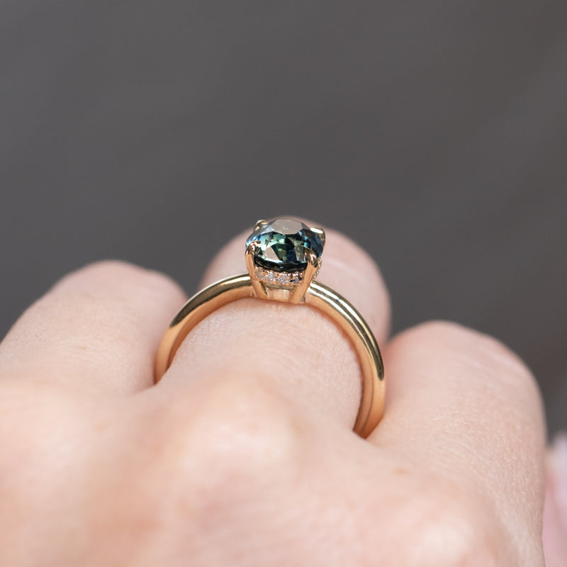 2.32ct Teal Oval Madagascar Sapphire Low Profile Hidden Halo Solitaire in 14k Yellow Gold