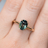 2.32ct Teal Oval Madagascar Sapphire Low Profile Hidden Halo Solitaire in 14k Yellow Gold