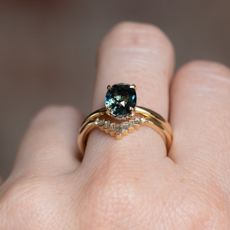 2.32ct Teal Oval Madagascar Sapphire Low Profile Hidden Halo Solitaire in 14k Yellow Gold