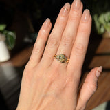 1.50ct Modern Old Mine Cut Oval Diamond Three Stone Ring with Trillion Side Diamonds Compass Set Low Profile Milgrain Antique Ring in 18K Yellow Gold