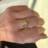 1.50ct Modern Old Mine Cut Oval Diamond Three Stone Ring with Trillion Side Diamonds Compass Set Low Profile Milgrain Antique Ring in 18K Yellow Gold